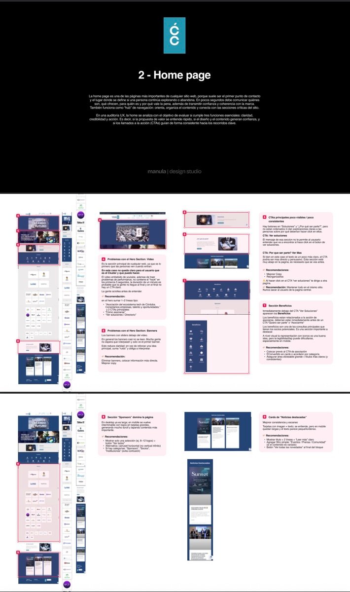 Lámina de auditoría de la home page con hallazgos y recomendaciones